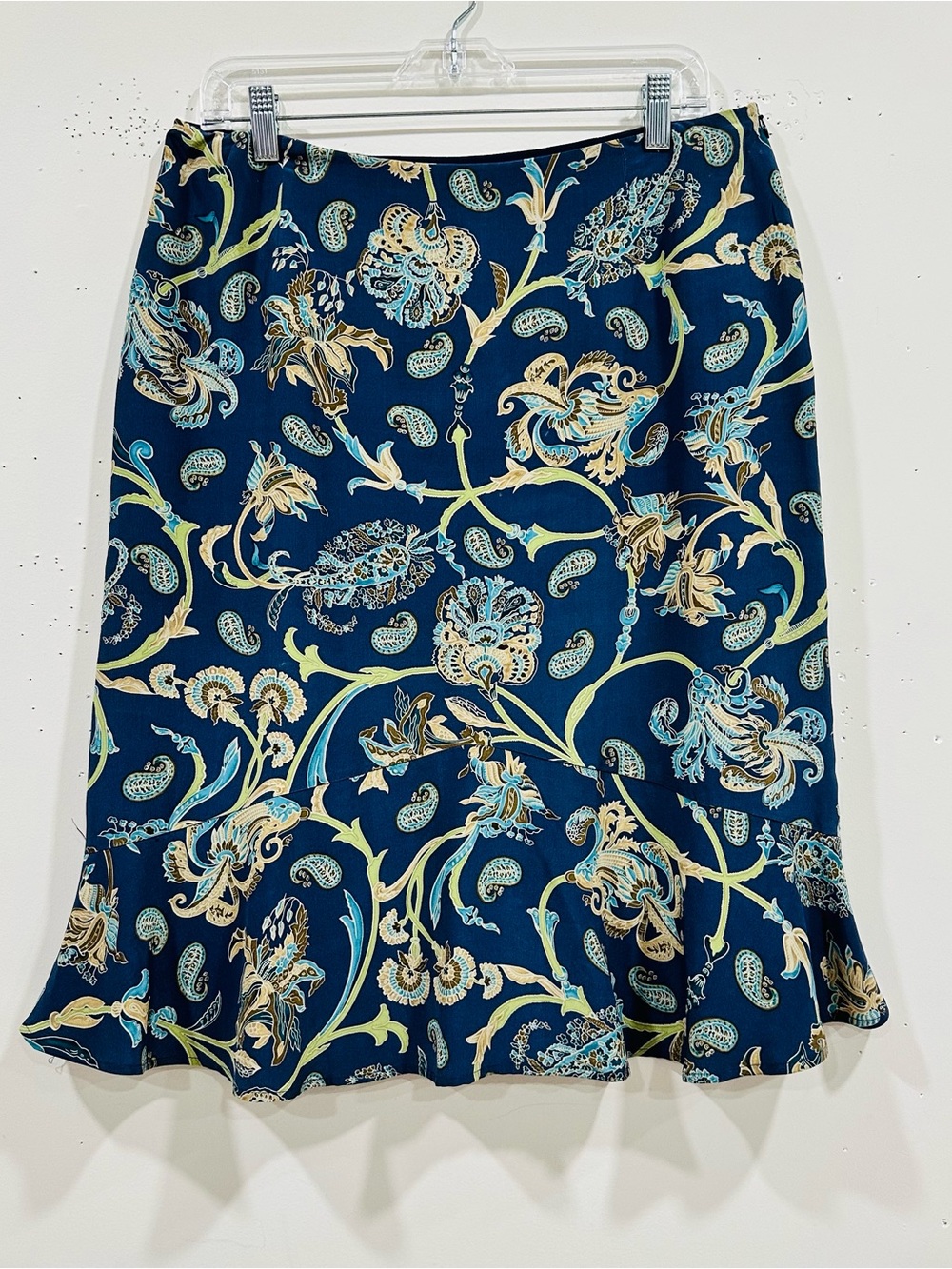 Talbots‎ VTG Women's 14 Skirt 100% Pure Silk Lined Blue Paisley Flowy Boho Y2K